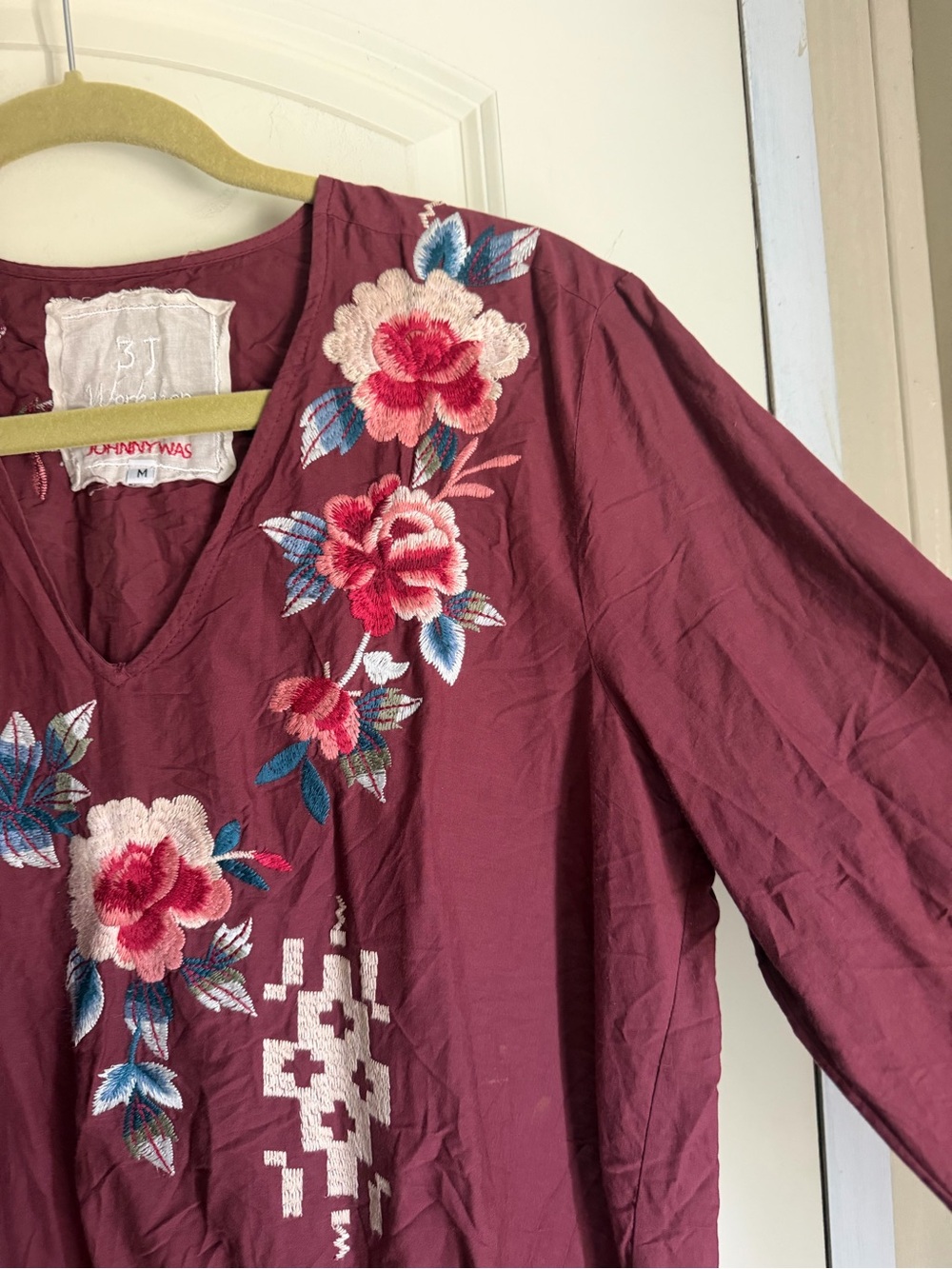 Johnny Was Tunic Top‎ Womens M Embroidered Floral Boho Burgundy cotton/silk - Picture 4 of 10